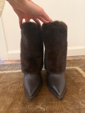Vintage Dark Brown Fur-Trim Pointed-Toe Heeled Boots
